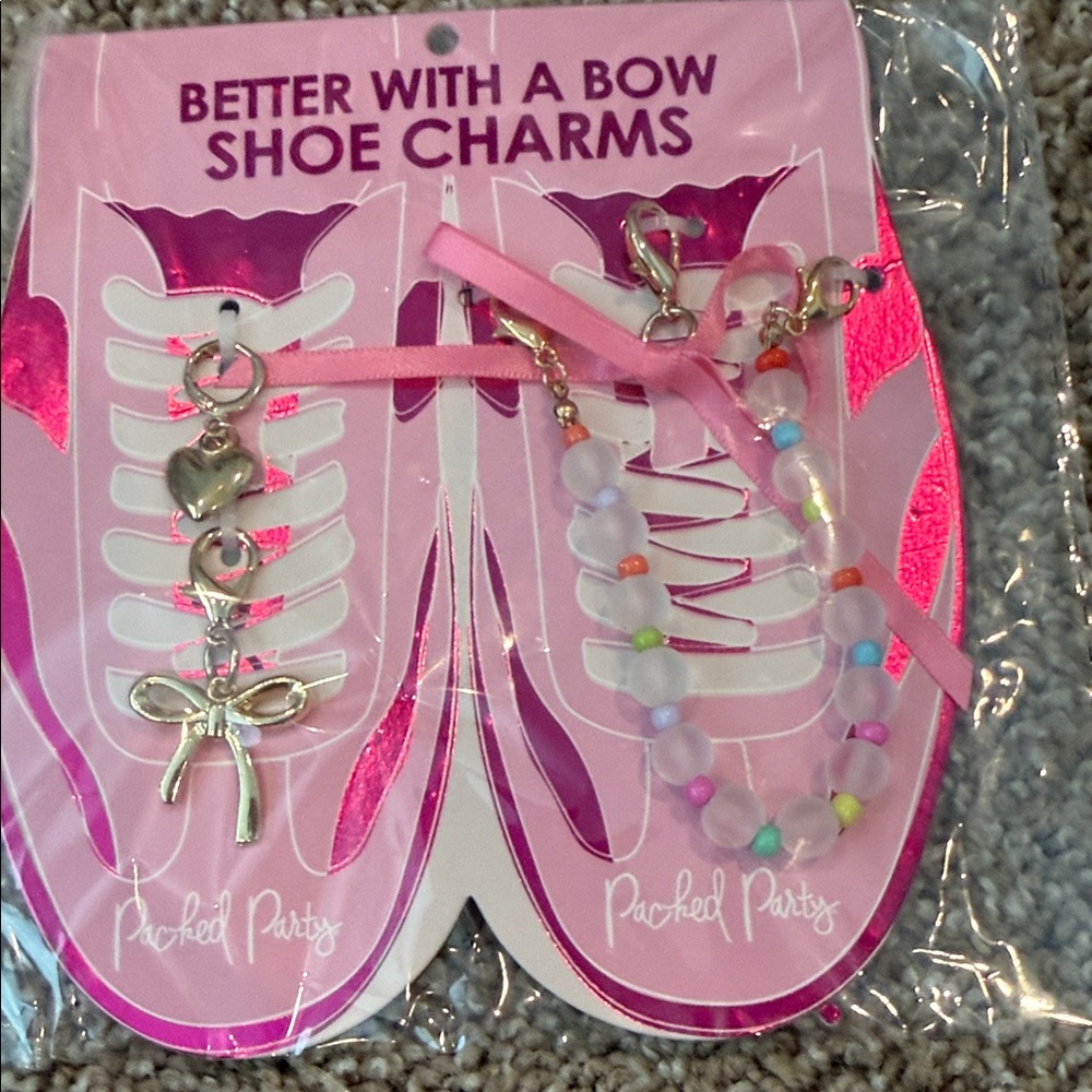 Packed Party Pink Shoe Charm Set with Pastel Beads and Silver Bows